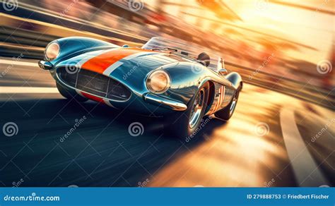 A Blue And Orange Sports Car Driving Down A Street Generative Ai Image