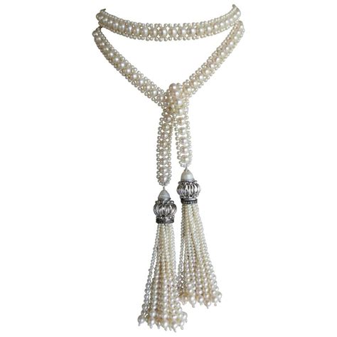 White Pearl Sautoir Necklace With Rhodium Plated Silver Beads And Pearl Tassels Tassel