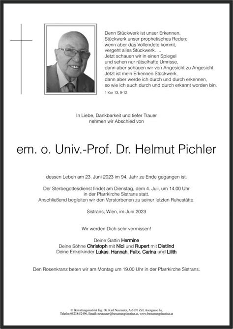 Em O Univ Prof Dr Helmut Pichler Kuratorium Bestattung