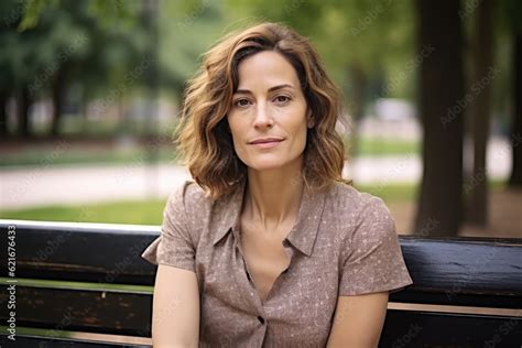 Smiling Beautiful Attractive Mature Woman Sitting In A Park Bench Looking At The Camera Stock