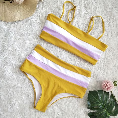 Free Shipping Sexy Retro Bandeau High Waist Striped Bikini Set Jkp