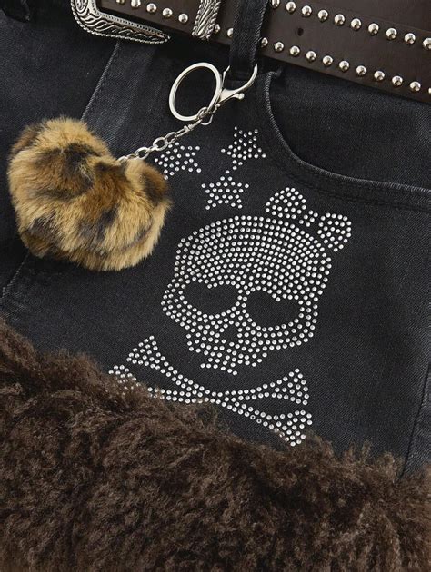 ROMWE J Fashion Women Y2K Harajuku Rhinestone Skull Star Raw Hem Sexy