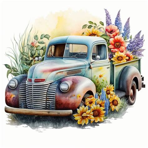 Bright And Colorful Vintage Farm Truck With Flowers Isolated On White