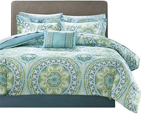 Hnu 9 Piece Modern Medallion Comforter Full All Over Aqua Blue Oversize Medallion Pattern Bed In