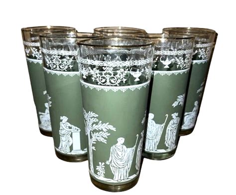 Set Of 8 Vintage Wedgewood Green Jeanette Jasperware Hellenic Grecian Tumbler Glasses 1849639