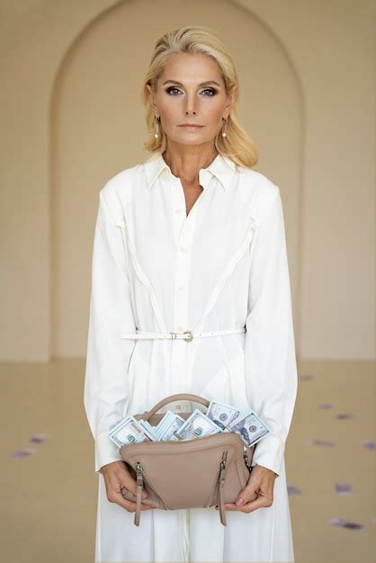 Portrait d une femme riche blonde d âge moyen avec des billets en sac à main Photo Gratuite