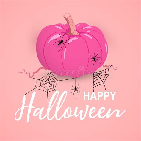 Vector Happy Halloween Pink Card with Pumpkin and Spiders Stock Vector