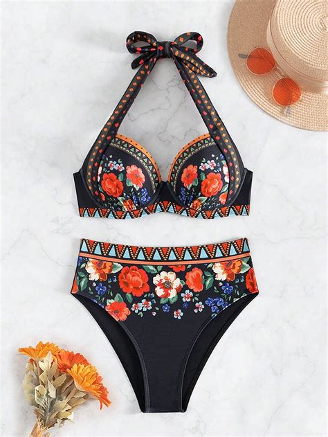 Floral Print Halter Neck Separated Swimsuit Bikini Swimwear Bathing