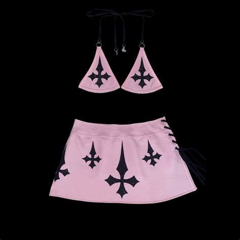 U𝖓𝖍𝖔𝖑𝖞 Pc Set Handmade Baby Pink Y k Bikini Top Low Rise Lace up Micro Mini Skirt Glitter