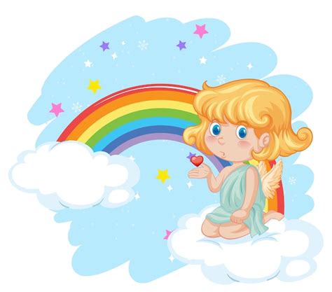 Chica ángel en la nube con arco iris Vector Gratis