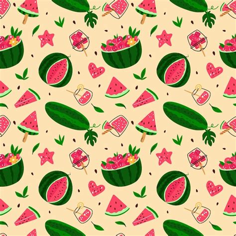 Premium Vector Watermelon Seamless Pattern Bright Whole Fruits Sweet Pieces And Slices