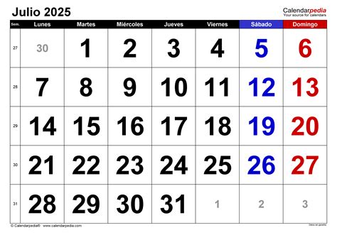 Calendario Julio 2025 En Word Excel Y Pdf Calendarpedia