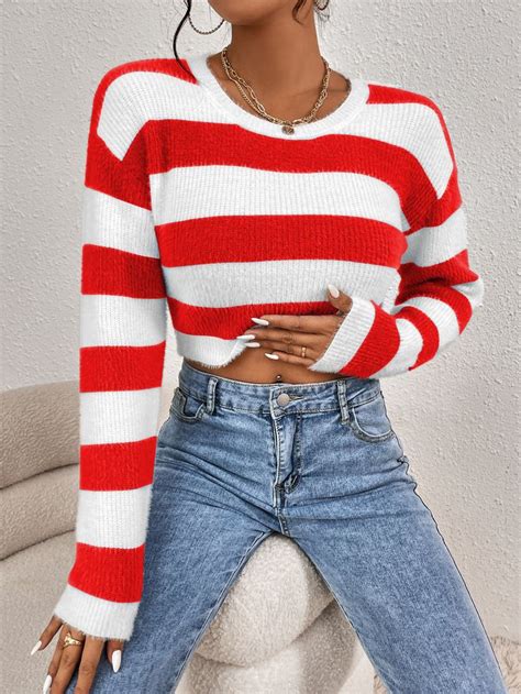 Red And White Casual Collar Long Sleeve Fabric Striped Pullovers