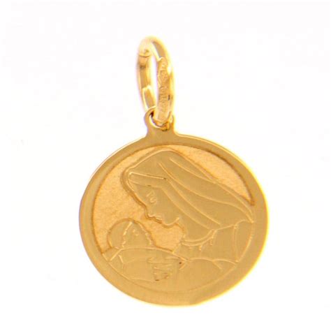 Madonna Con Bambino Medaglia Sacra Pendente Tonda Gr Oro Giallo