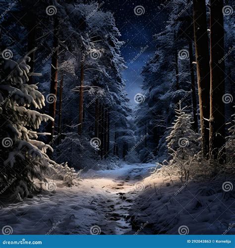 Winter Forest with Snow, Sky and Stars at Night Stock Image - Image of ...