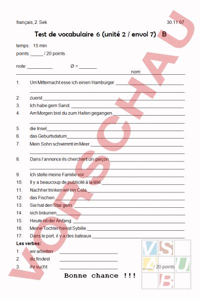 Arbeitsblatt Voci unité 2 envol 7 Französisch Grammatik