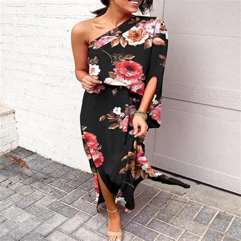 Buy Women S Oblique Shoulder Single Sleeve Printed Long Dress At