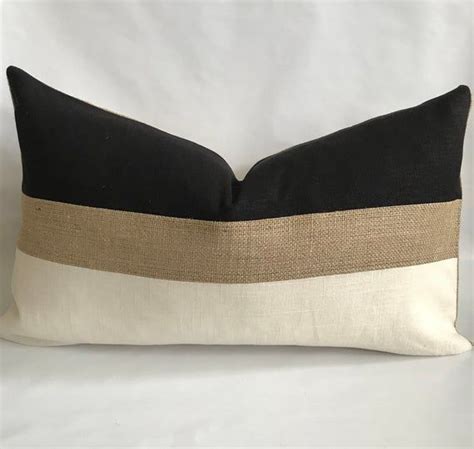 Black And Cream Linencotton Fabric And Natural Burlap Lumbar Etsy Burlap Pillows Handmade