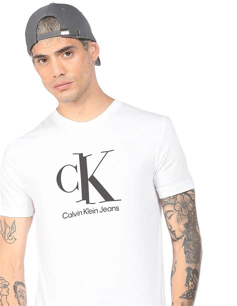 Buy Calvin Klein Men White Cotton Brand Print T Shirt