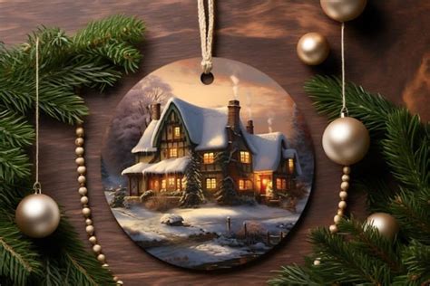 Christmas Cottage Winter Scene Ornament Graphic by HillTract · Creative Fabrica