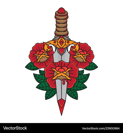 Traditional Dagger And Flower Tattoo Royalty Free Vector