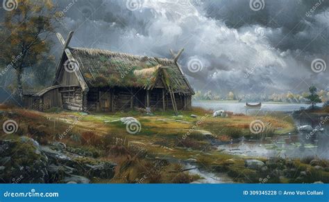 Viking Homestead Intricate Painting Of A Scandinavian Dwelling Circa