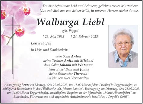 Traueranzeigen Von Walburga Liebl Mittelbayerische Trauer