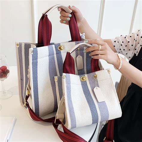 Bolso Grande De Lona A Rayas Para Mujer Bolsa De Mano Informal Con