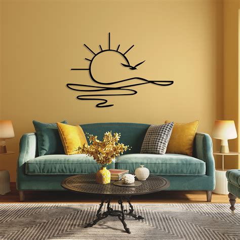 Sunrise Metal Wall Art Sun Sea And Seagull Wall Sign Minimalist Sun