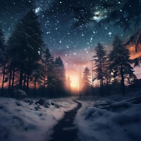 Premium Ai Image Snowy Path In The Woods With A Bright Sky And Stars