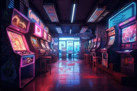 A Deserted Arcade, Neon Lights Flickering and Casting an Eerie Glow on ...