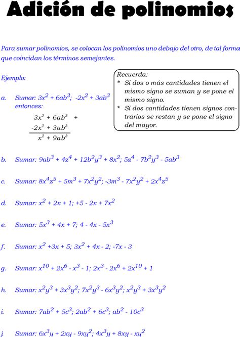 20 Ejercicios De Suma Y Resta De Polinomios