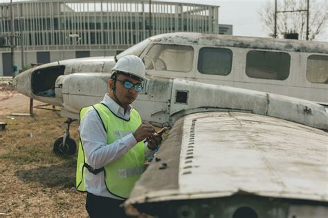 Aircraft mechanic examining airplane wing 21967997 Stock Photo at Vecteezy