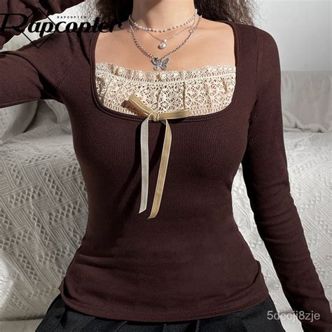 Jual Rapcopter Y2k Lace Bow Cute T Shirt Knitted Full Sleeve Square