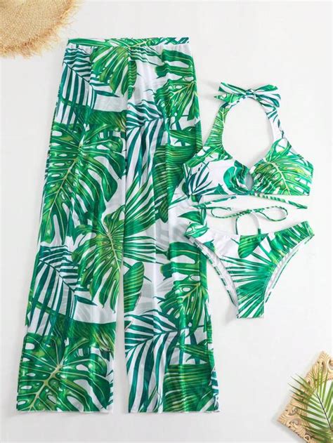 Tropical Print Halter Bikini Swimsuit With Cover Up Pants Shein Usa