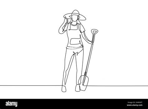 Single One Line Drawing Of Female Farmer Stood With A Thumbs Up Gesture