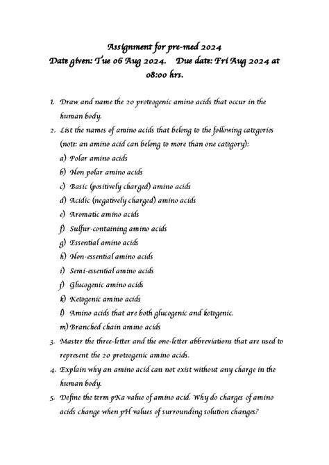 Assmt Amino acids - Acidosis and alkalosis - Assignment for pre-med
