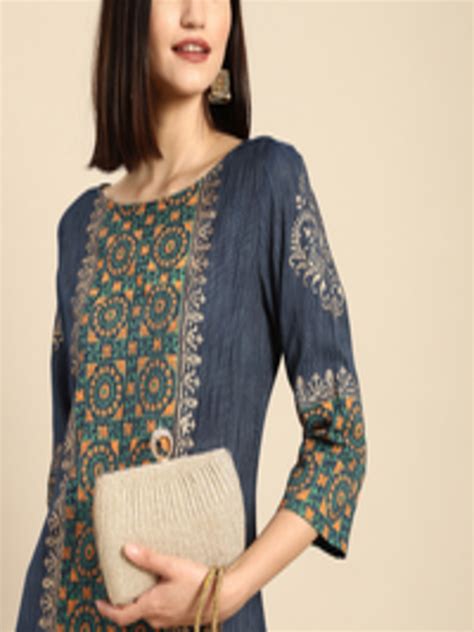 Buy Anouk Women Navy Blue And Mustard Yellow Ethnic Motifs Printed Block