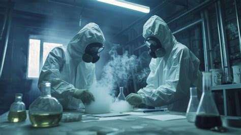 Premium Photo | In the abandoned building two clandestine chemists wear gas masks and protective ...