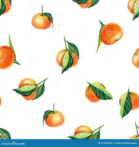 Watercolor Tangerine With Leaves Semless Pattern For Print Design