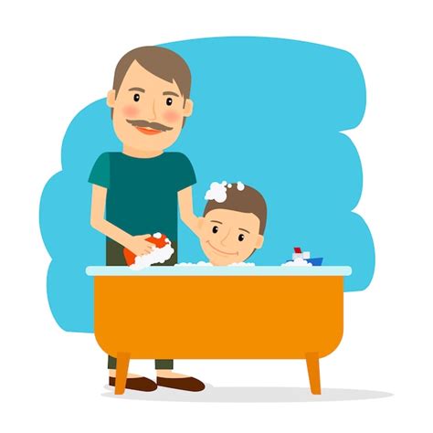 Premium Vector Father And Son Taking Bath