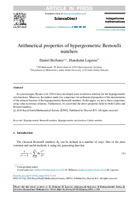 (PDF) Arithmetical properties of hypergeometric Bernoulli numbers | Hunduma Legesse - Academia.edu