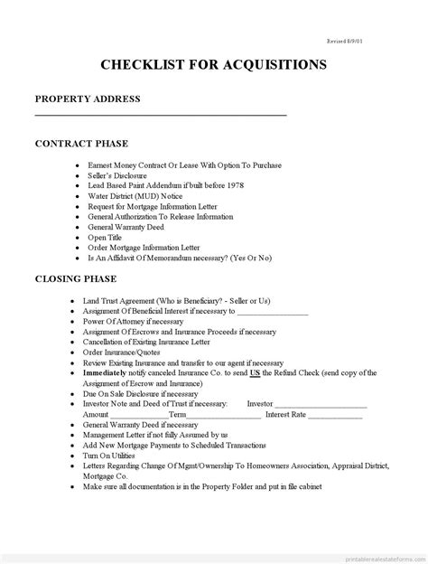 Free Printable Checklist For Acquisitions Form Sample