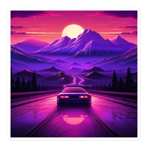 Purple Mountain Sunset Turbo Racer Rad Vinyl Sticker 80s 90s