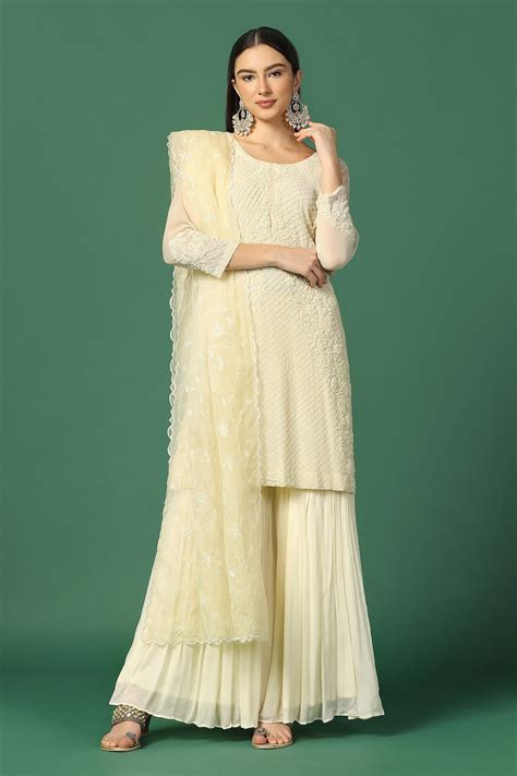 Buy Cream Georgette Embroidery Sequin Round Cut Dana Kurta Sharara Set