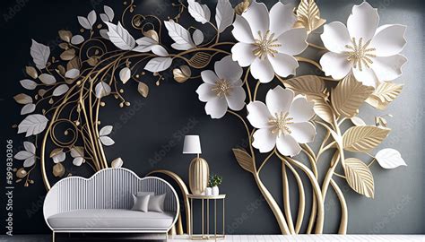 3d wallpaper floral tree background with white flower leaves and golden ...