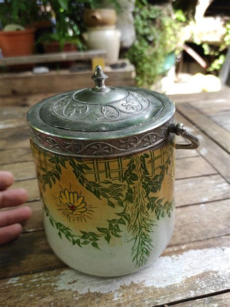 Ancien Pot Biscuits En Verre Emaill Art Nouveau Sign Leg Ebay