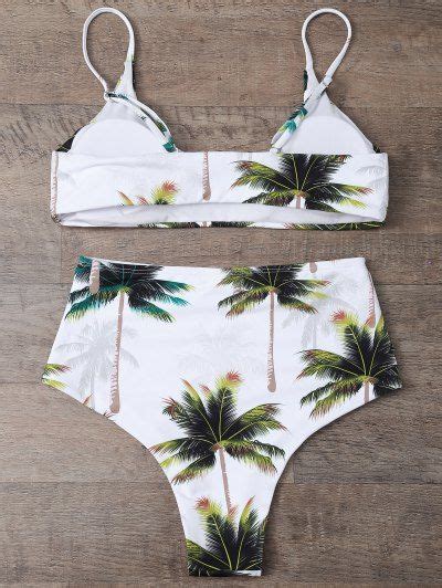 Palm Tree Print High Waisted Bikini Set White S Mobile Bikinis