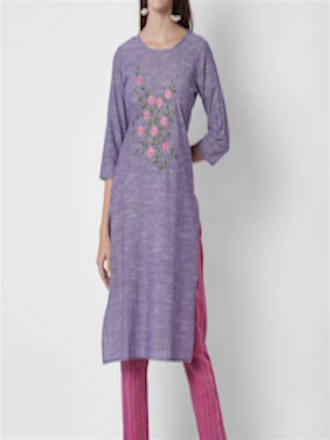 Buy Sanganeri Kurti Women Purple Printed Thread Work Pure Cotton Kurta