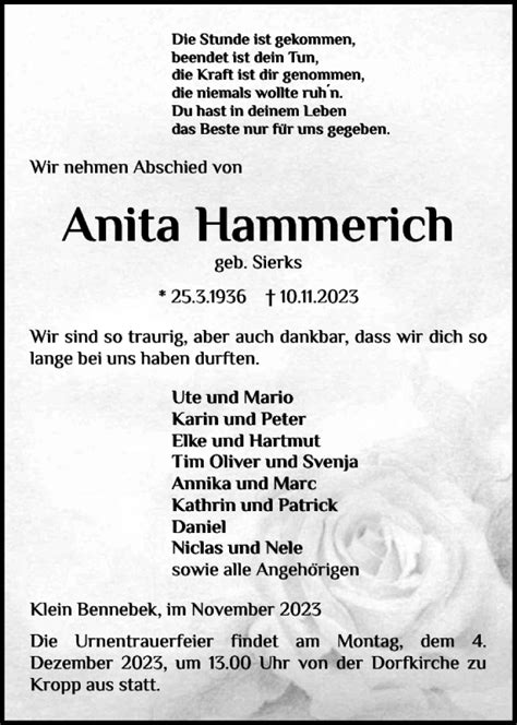 Traueranzeigen Von Anita Hammerich Sh Z Trauer